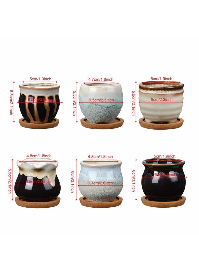BBTO 6 Pieces Ceramic Succulent Planter Potted Ceramic Succulent Pots with Drain Holes 6 Pieces Bamboo Trays Small Plant Containers Ideal Present for Decorating Home and Office (Elegant Style) - Image 2