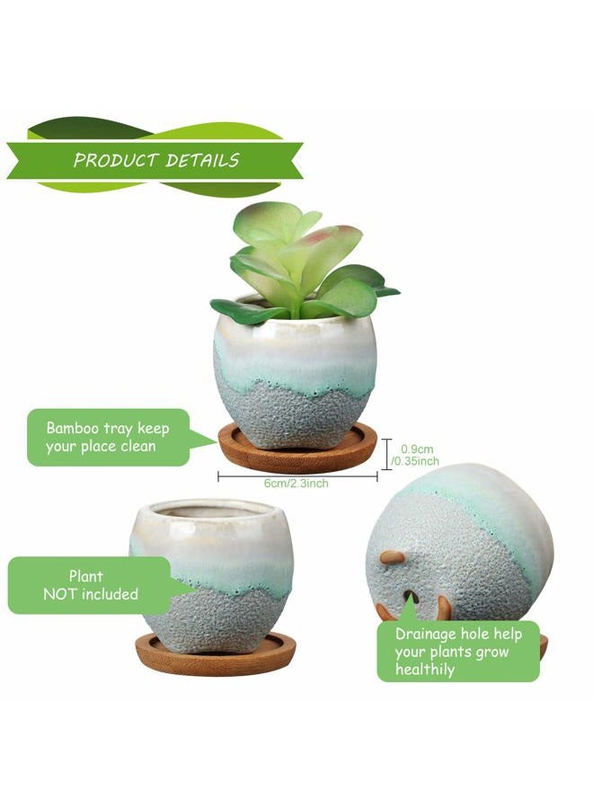 BBTO 6 Pieces Ceramic Succulent Planter Potted Ceramic Succulent Pots with Drain Holes 6 Pieces Bamboo Trays Small Plant Containers Ideal Present for Decorating Home and Office (Elegant Style) - Image 3