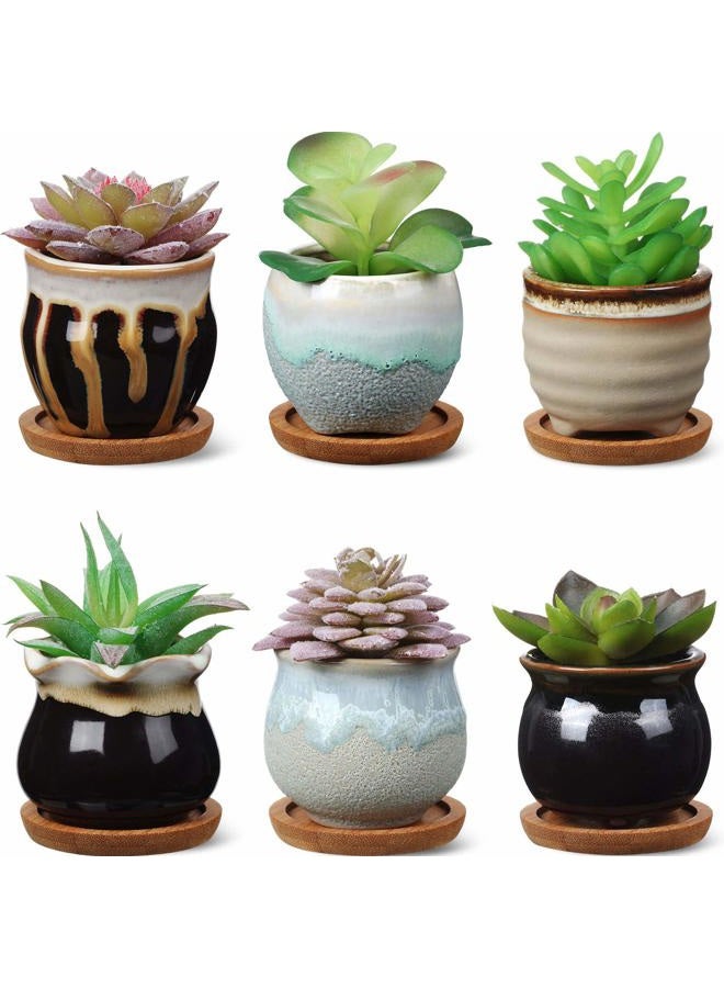 BBTO 6 Pieces Ceramic Succulent Planter Potted Ceramic Succulent Pots with Drain Holes 6 Pieces Bamboo Trays Small Plant Containers Ideal Present for Decorating Home and Office (Elegant Style) - Image 1