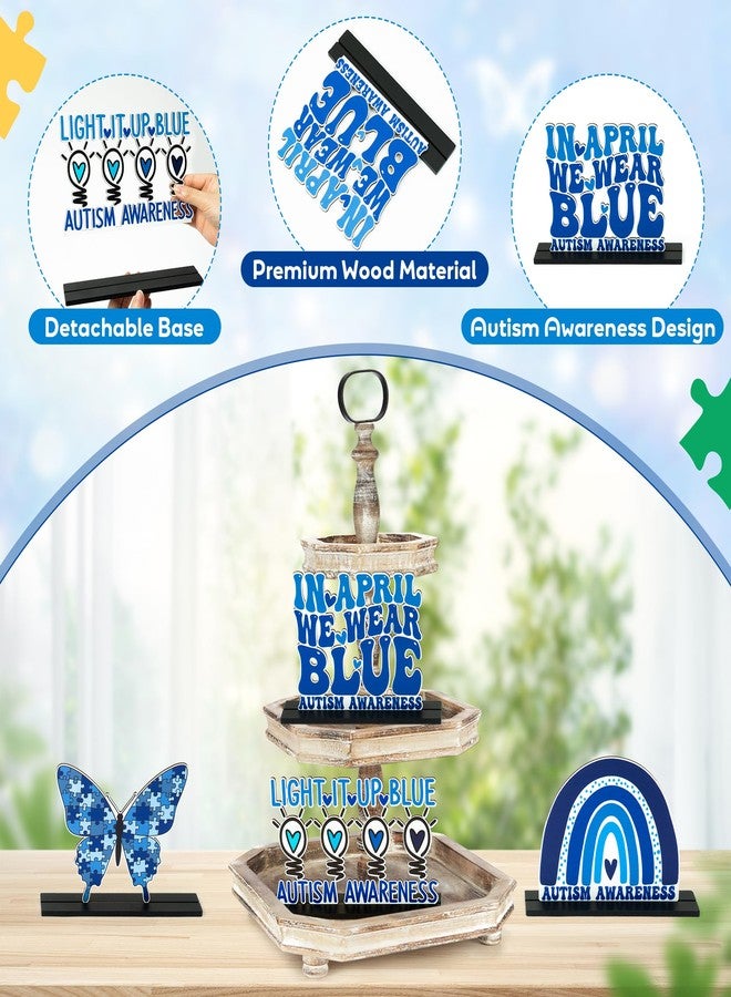 CPicdn 4Pcs Autism Awareness Wood Tiered Tray Centerpieces, Blue April Puzzle Wood Sign Table Topper Decoration, World Autism Awareness Day Inspirational Desk Shelf Decor School Charity Party Supplies - Image 3