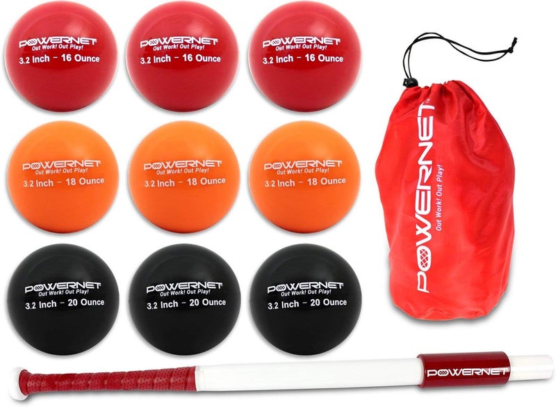 PowerNet Sweet Spot Training Bat + 3.2" Progressive Weighted Softball Training Balls for Hitting & Pitching, 9 Pack Weighted Balls & Weighted Bat, Improve Hand-Eye Coordination & Power - Image 1