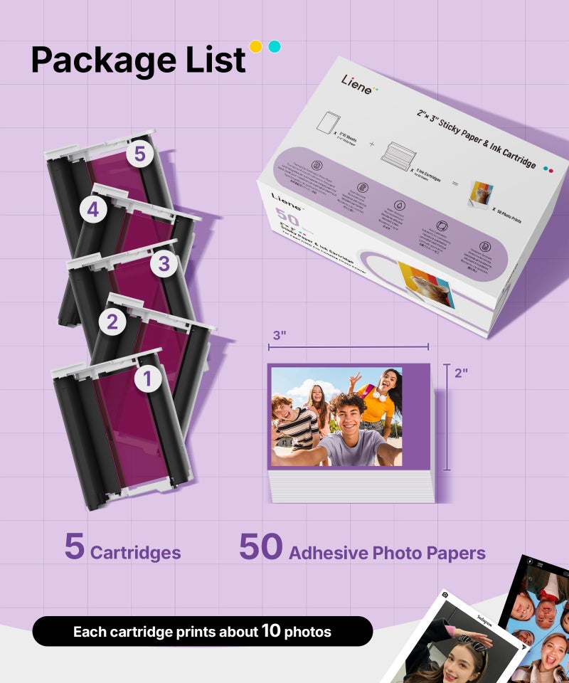 Liene Pearl N200 Pro Portable Photo Printer Photo Paper 50 Sheets & 5 Cartridges, Picture Printer Sticker Paper Adhesive, Waterproof, Smudge Proof, Photo Paper Only for DMP130 for Scrapbook - Image 4