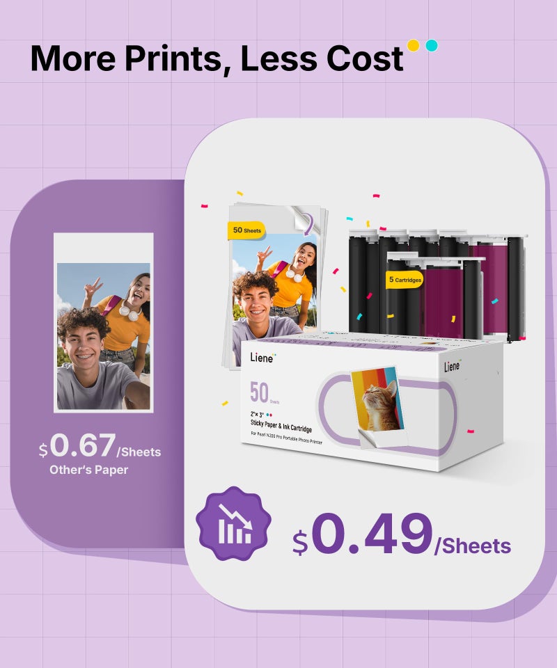 Liene Pearl N200 Pro Portable Photo Printer Photo Paper 50 Sheets & 5 Cartridges, Picture Printer Sticker Paper Adhesive, Waterproof, Smudge Proof, Photo Paper Only for DMP130 for Scrapbook - Image 3