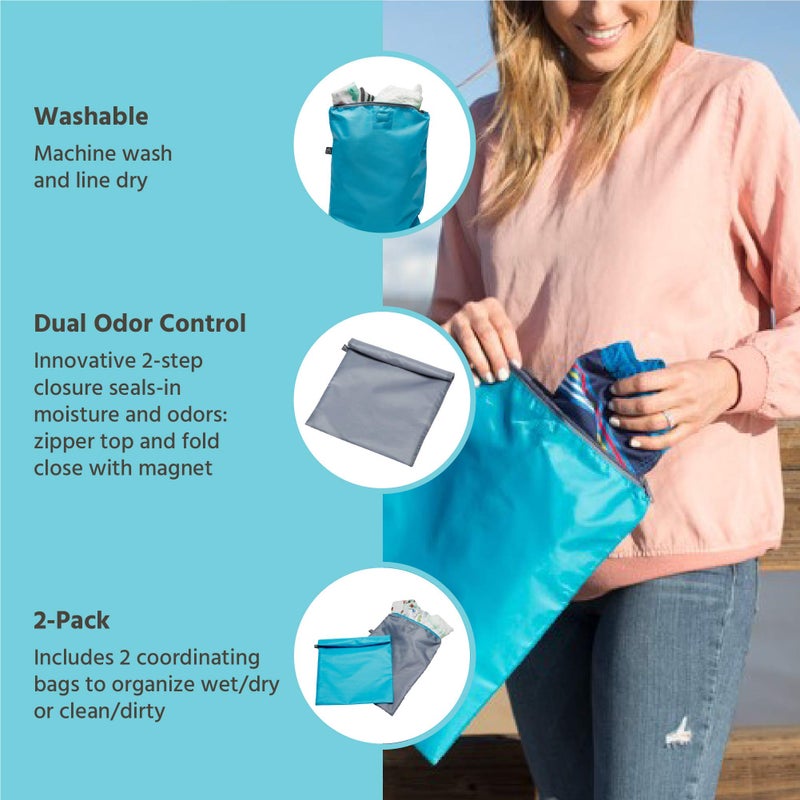 J.L. Childress Wet-to-Go Portable Wet and Dry Bags, Waterproof and Leakproof, Machine-Washable, Reusable for Cloth Diapers, Wet Clothes, Swimsuits, and more. 2 Pack, Teal/Grey - Image 2