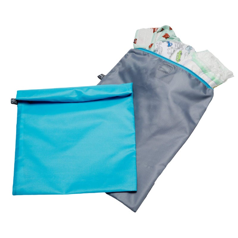 J.L. Childress Wet-to-Go Portable Wet and Dry Bags, Waterproof and Leakproof, Machine-Washable, Reusable for Cloth Diapers, Wet Clothes, Swimsuits, and more. 2 Pack, Teal/Grey - Image 1