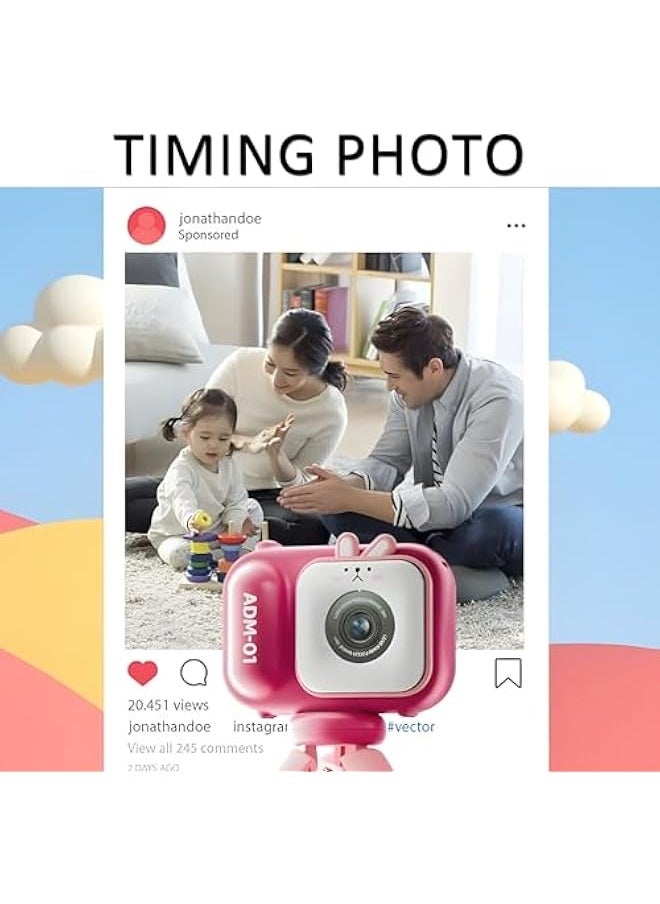 Generic Kids Digital Camera with Selfie Stick & SD Card Reader, 1080P HD Vlogging Camera for Children Ages 3-12, Portable Pink Camera Toy Gift for Boys Girls (Cute Bunny Design)  - Image 4