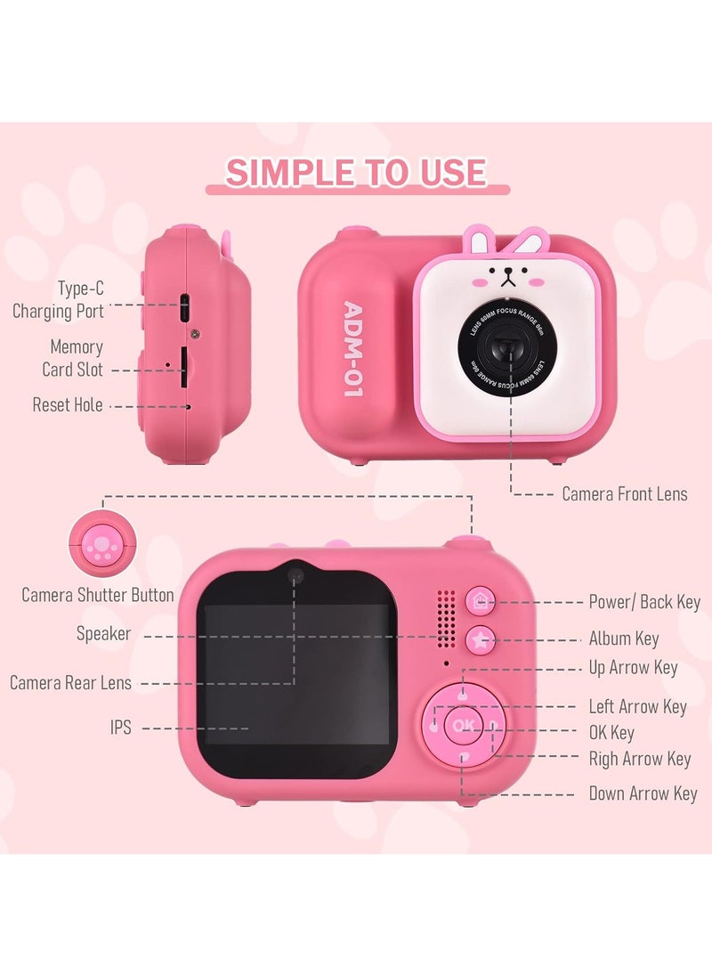 Generic Kids Digital Camera with Selfie Stick & SD Card Reader, 1080P HD Vlogging Camera for Children Ages 3-12, Portable Pink Camera Toy Gift for Boys Girls (Cute Bunny Design)  - Image 3