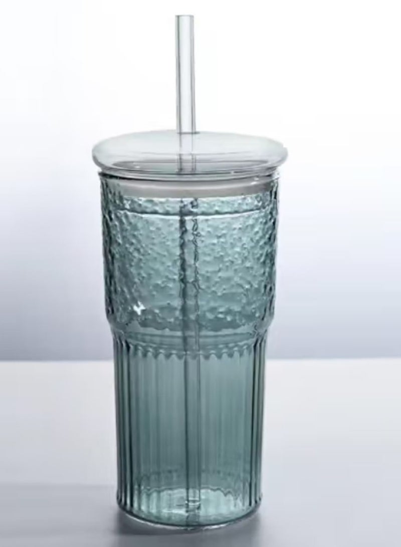 Jingke Glass Large Capacity Lid Straw Coffee Cup Juice Cup Beverage Cup Tea Cup 650ML Blue - Image 1