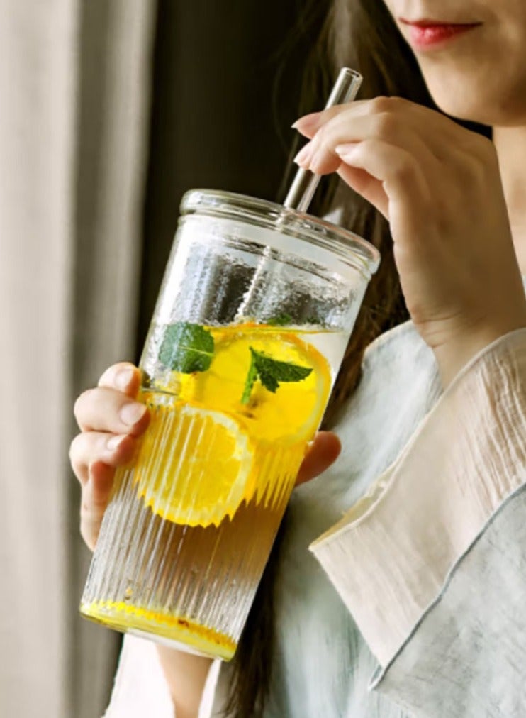 Jingke Glass Large Capacity Lid Straw Coffee Cup Juice Cup Beverage Cup Tea Cup 650ML Blue - Image 3