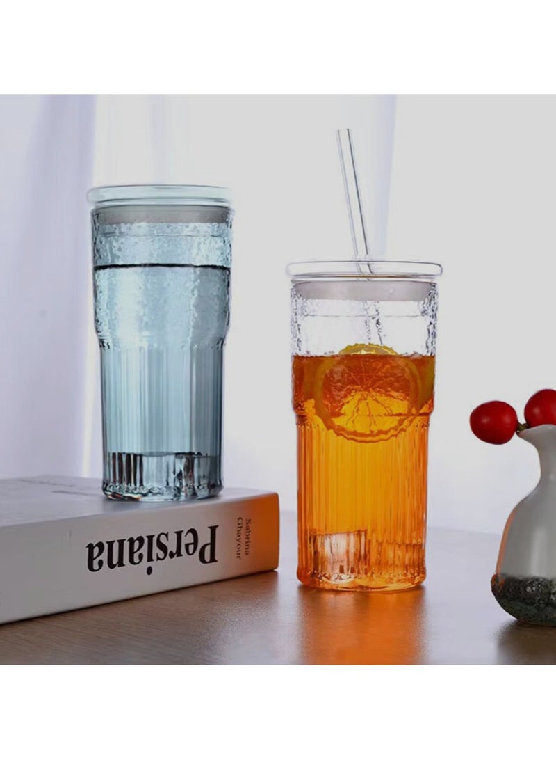 Jingke Glass Large Capacity Lid Straw Coffee Cup Juice Cup Beverage Cup Tea Cup 650ML Blue - Image 4