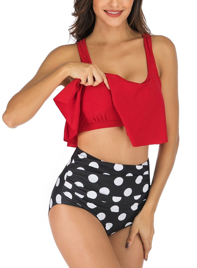 Loquat Black and white polka dots swimsuit high waist split type halter belt suspenders swimsuit lady bikini  - Image 3