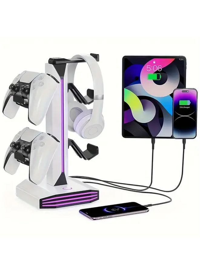 White PS5 PS4 Headphone Stand With RGB Controller Dual USB Charging Ports - Image 2