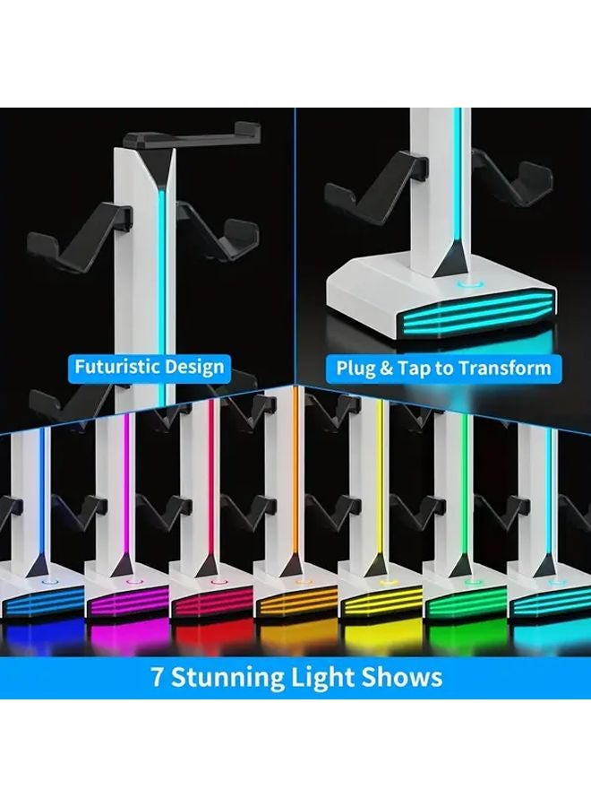 White PS5 PS4 Headphone Stand With RGB Controller Dual USB Charging Ports - Image 4