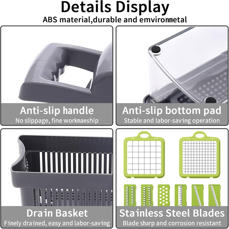 Vaupan Vegetable Chopper, Multifunctional 13-in-1 Food Choppers Onion Chopper Vegetable Slicer Cutter Dicer Veggie chopper with 8 Blades, Colander Basket, Container for Fruit Salad Carrot Potato - Image 5