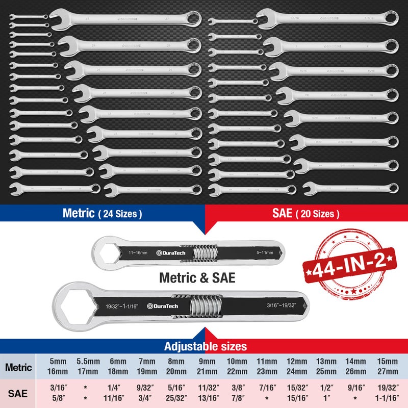 DURATECH Universal Wrench Set, Adjustable Wrench Set, SAE & Metric, 8-inch&10-inch, 44 sizes in 2 Piece, Drop Forged, ANSI standard - Image 2