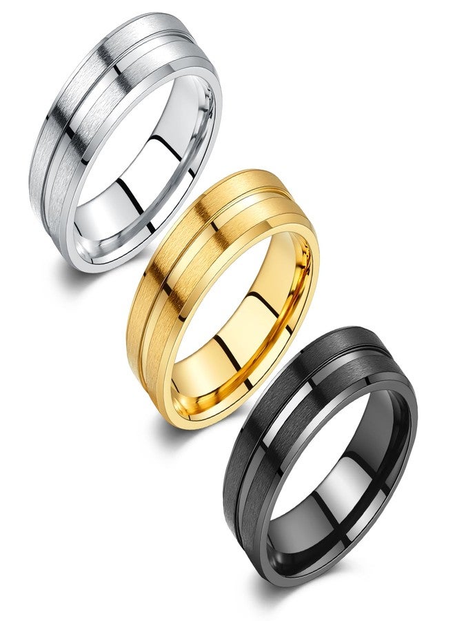 Corato 3PCS Stainless Steel Rings for Men, 8MM Titanium Rings for Men, Black Gold Silver Mens Wedding Band Set, Grooved Center Matte Brushed Finish Polished Ring Comfort Fit 11 - Image 1
