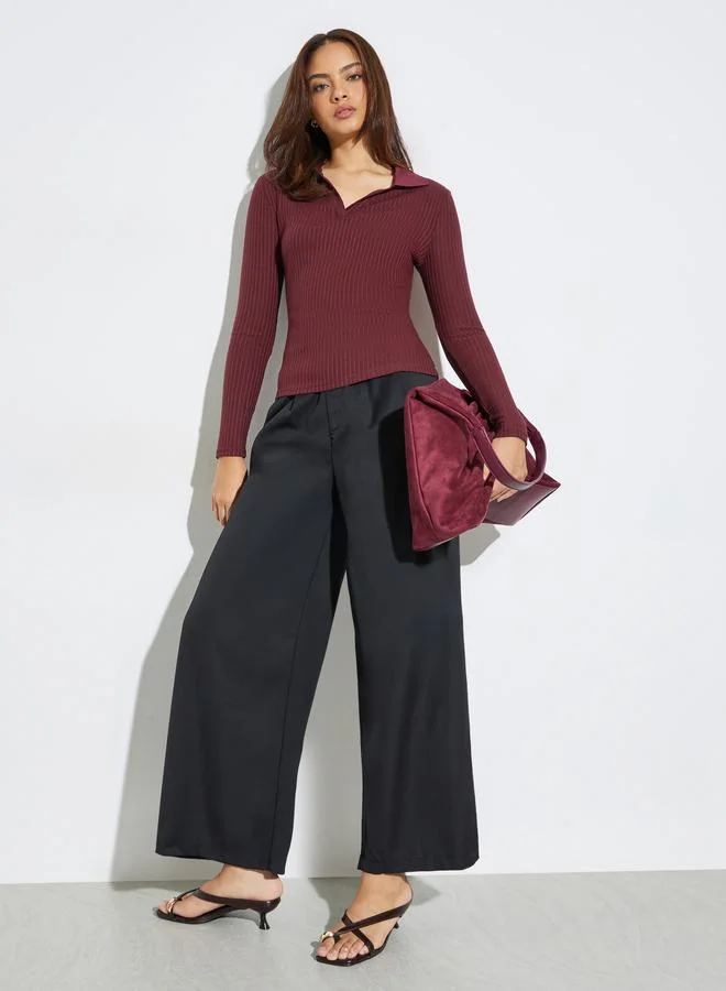 Styli Burgundy Textured Knit Top with Open Collar