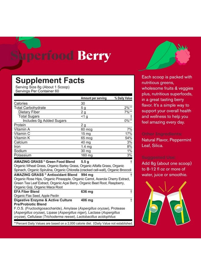 Amazing Grass Greens Superfood Powder: Greens Powder with Digestive Enzymes & Probiotics, Organic Spirulina, Chlorella, and Beet Root Powder, Berry, 60 Servings - Image 3
