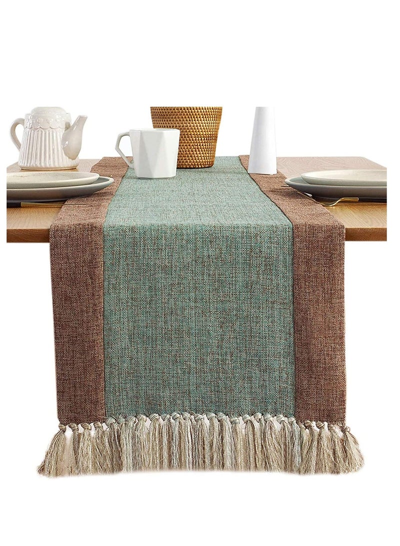 Y&D Table Runner, Rustic Cotton Linen Runners with Boho Fringe, Farmhouse Style Burlap Holiday Tablerunner for Coffee Dining Party Wedding (Green 15 x 72 inch)  - Image 2