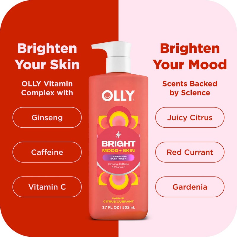 OLLY Bright Body Wash with Ginseng, Caffeine & Vitamin Câ€“ Nourishing Cleanser for Skin Barrier Repair, Deep Hydration, Citrus Currant Scent, 17 oz - Image 3