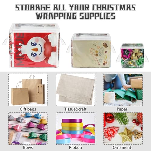 RISICULIS 3 Pack Clear Zippered Gift Bag Storage Organizer with Handles,Organize Your Gift Wrap,Tissue Paper, Tape,Bow, Ribbon,Card,Ornament-Christmas Wrapping Supplies Storage Bag-3 Different Sizes（L+M+S) - Image 4