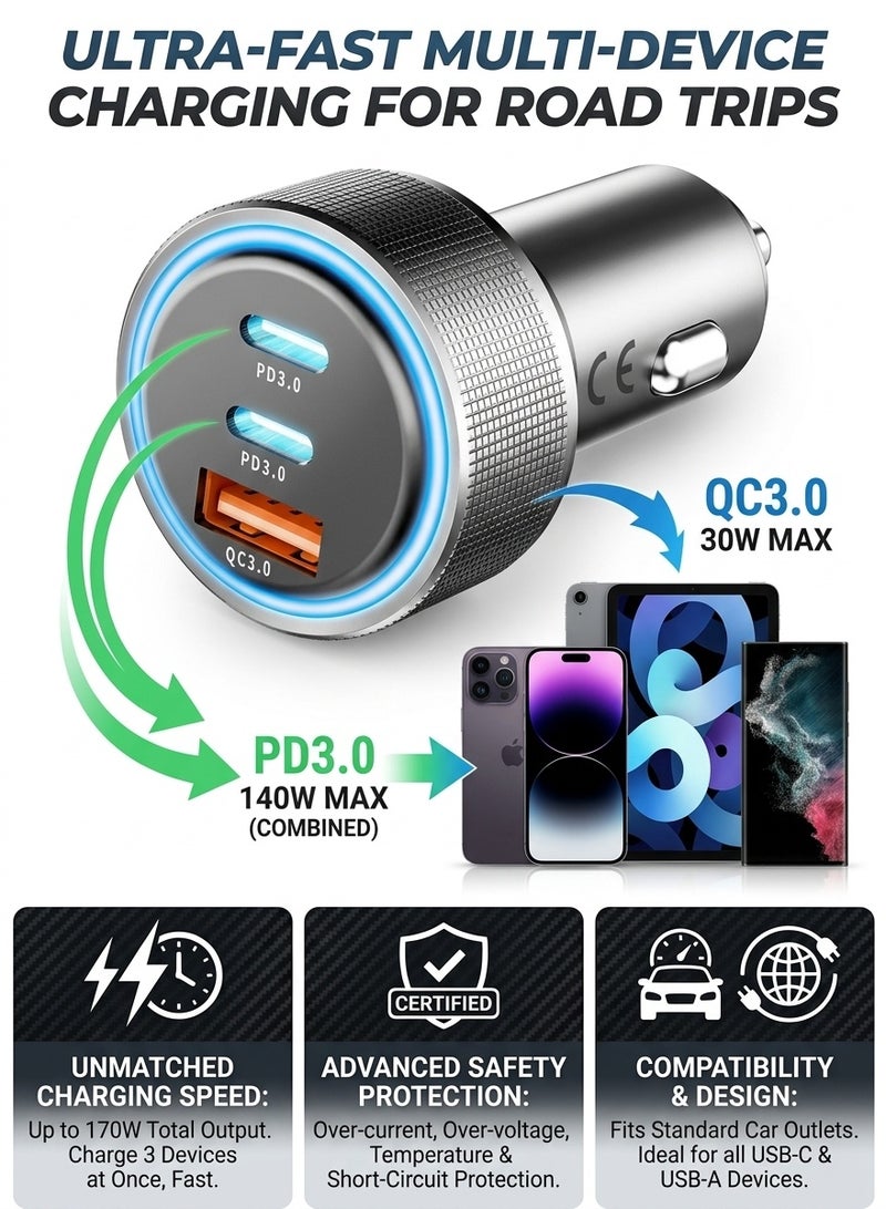 شاحن سيارة USB-C، محول سيارة فائق الصغر ثنائي المنافذ، مزود بمنفذين فائقَي السرعة (30 واط) من نوع USB Type-C بتقنية Power Delivery، ومنفذ USB عالي السرعة (30 واط) بتقنية QC 3.0 — فضي - Image 2