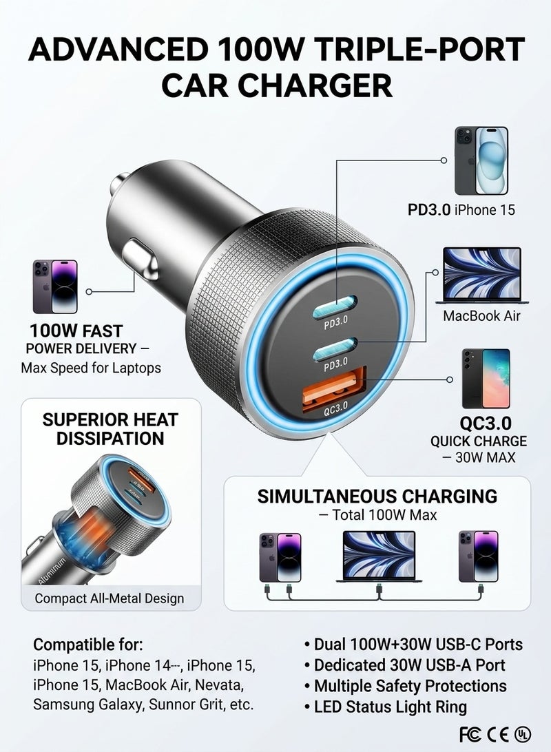 شاحن سيارة USB-C، محول سيارة فائق الصغر ثنائي المنافذ، مزود بمنفذين فائقَي السرعة (30 واط) من نوع USB Type-C بتقنية Power Delivery، ومنفذ USB عالي السرعة (30 واط) بتقنية QC 3.0 — فضي - Image 3