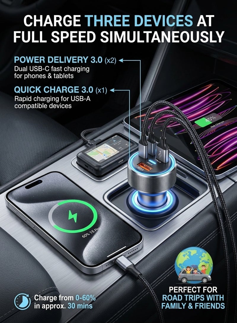 شاحن سيارة USB-C، محول سيارة فائق الصغر ثنائي المنافذ، مزود بمنفذين فائقَي السرعة (30 واط) من نوع USB Type-C بتقنية Power Delivery، ومنفذ USB عالي السرعة (30 واط) بتقنية QC 3.0 — فضي - Image 5