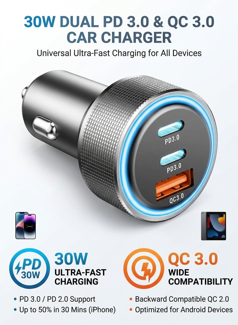 شاحن سيارة USB-C، محول سيارة فائق الصغر ثنائي المنافذ، مزود بمنفذين فائقَي السرعة (30 واط) من نوع USB Type-C بتقنية Power Delivery، ومنفذ USB عالي السرعة (30 واط) بتقنية QC 3.0 — فضي - Image 1