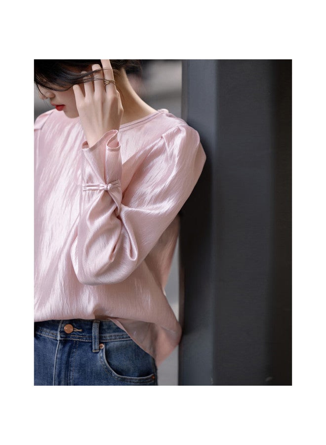 dme Female Editor】Spring Merad Shirt Glossy Lycra Bubble Sleeve Buttoned Shirt Women'S Top - Image 1