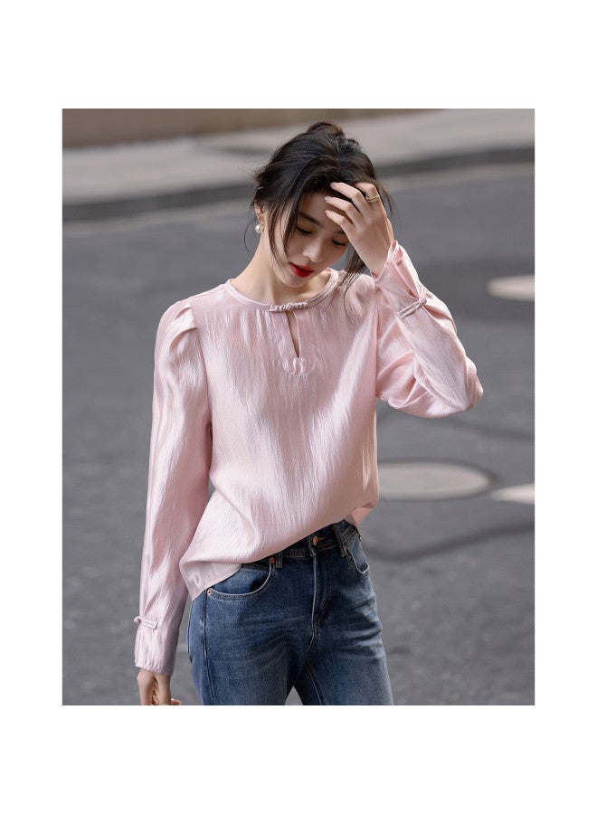 dme Female Editor】Spring Merad Shirt Glossy Lycra Bubble Sleeve Buttoned Shirt Women'S Top - Image 3