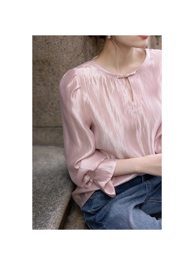 dme Female Editor】Spring Merad Shirt Glossy Lycra Bubble Sleeve Buttoned Shirt Women'S Top - Image 4