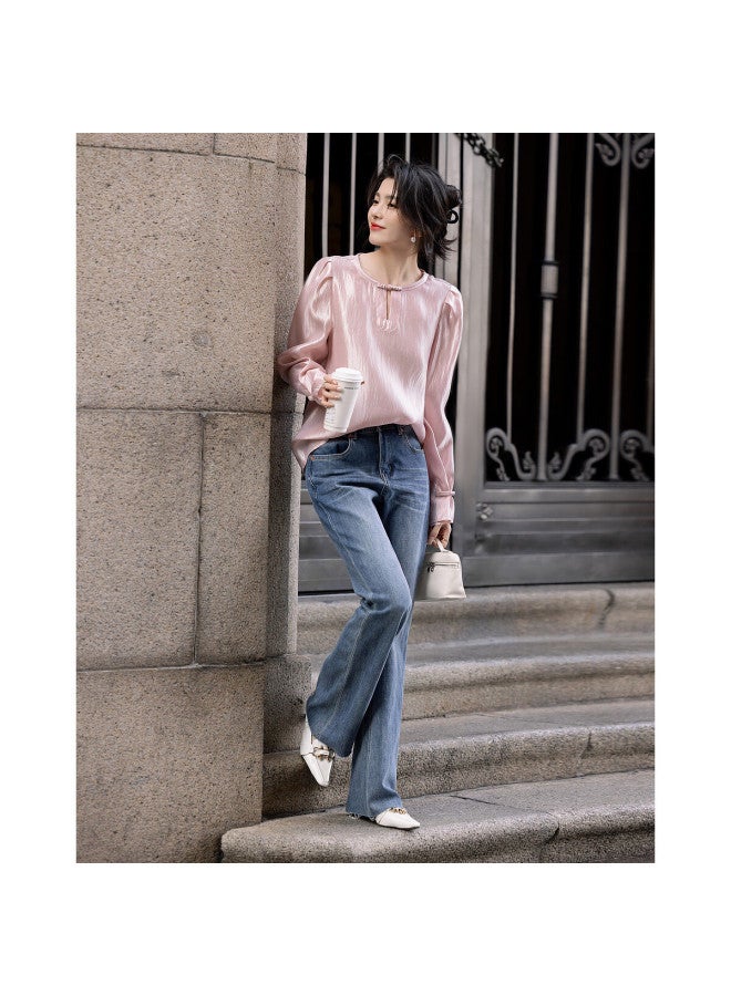 dme Female Editor】Spring Merad Shirt Glossy Lycra Bubble Sleeve Buttoned Shirt Women'S Top - Image 5