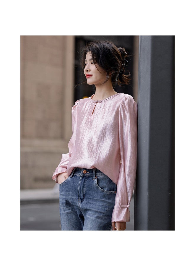 dme Female Editor】Spring Merad Shirt Glossy Lycra Bubble Sleeve Buttoned Shirt Women'S Top - Image 2