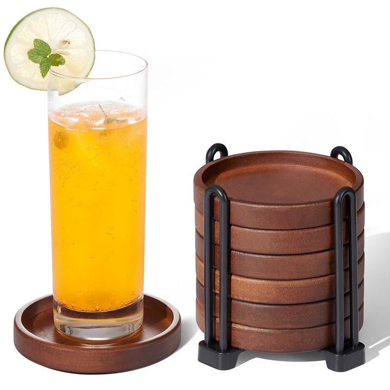 Yangbaga Set of 6 Wooden Coasters With Holder - Coffee Table Coasters for Drinks, Modern Home Decor, Dining Table Decorative Set, Cute Beer Bar Rustic Outdoor Wood Coaster - Image 1