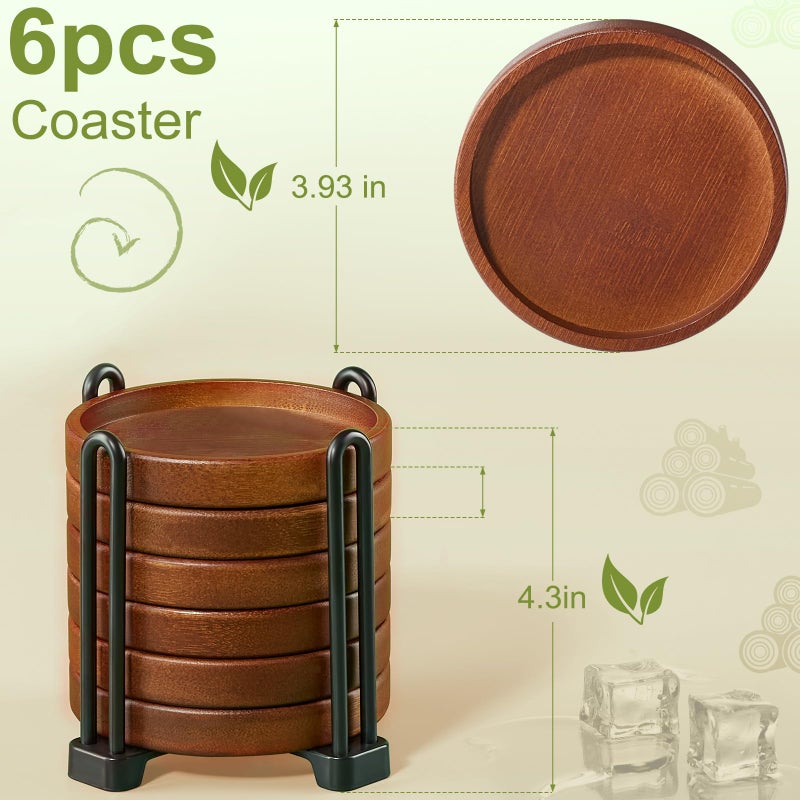 Yangbaga Set of 6 Wooden Coasters With Holder - Coffee Table Coasters for Drinks, Modern Home Decor, Dining Table Decorative Set, Cute Beer Bar Rustic Outdoor Wood Coaster - Image 2