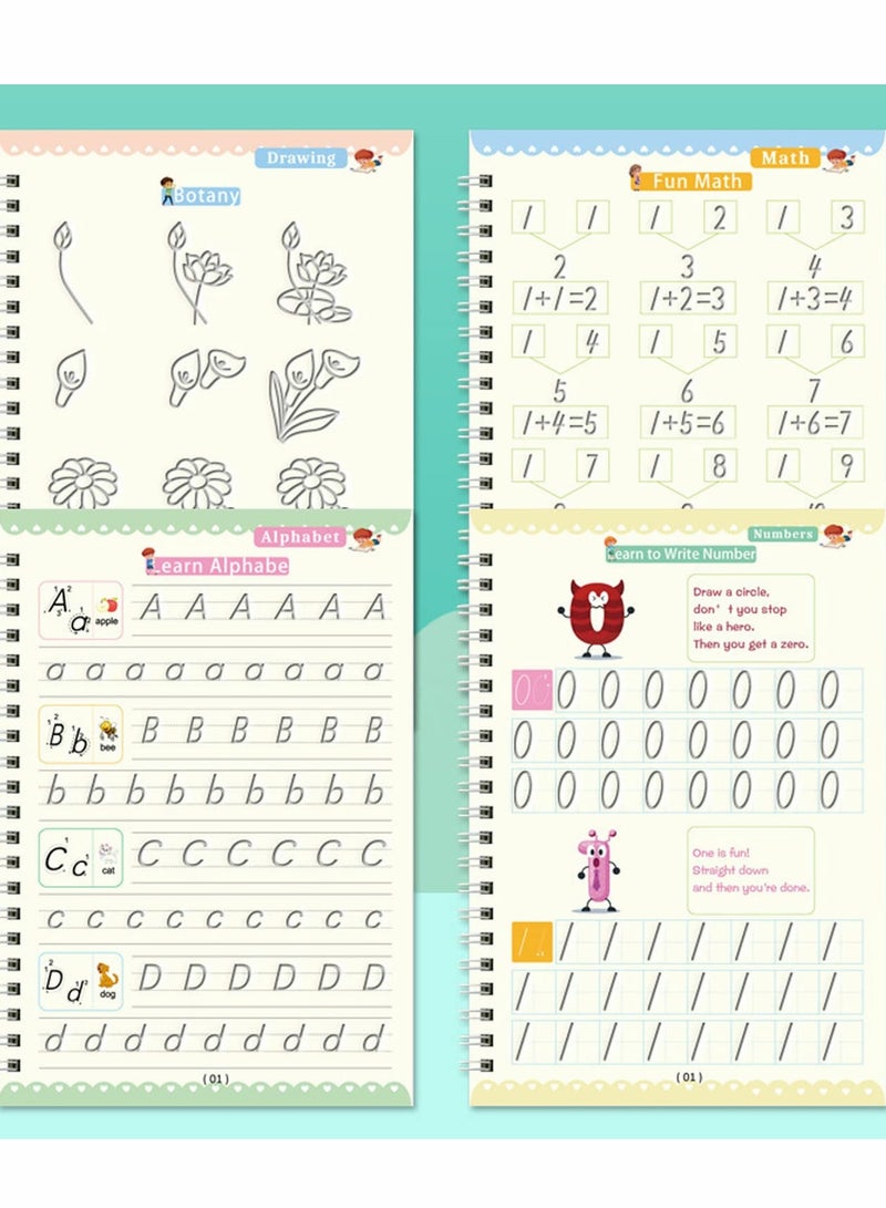 Magic Practice Copybook Set for Kids - 4 Reusable Handwriting Workbooks for English, Calligraphy, and Math Tracing with Magic Pen for Fun Learning and Skill Development. - Image 2