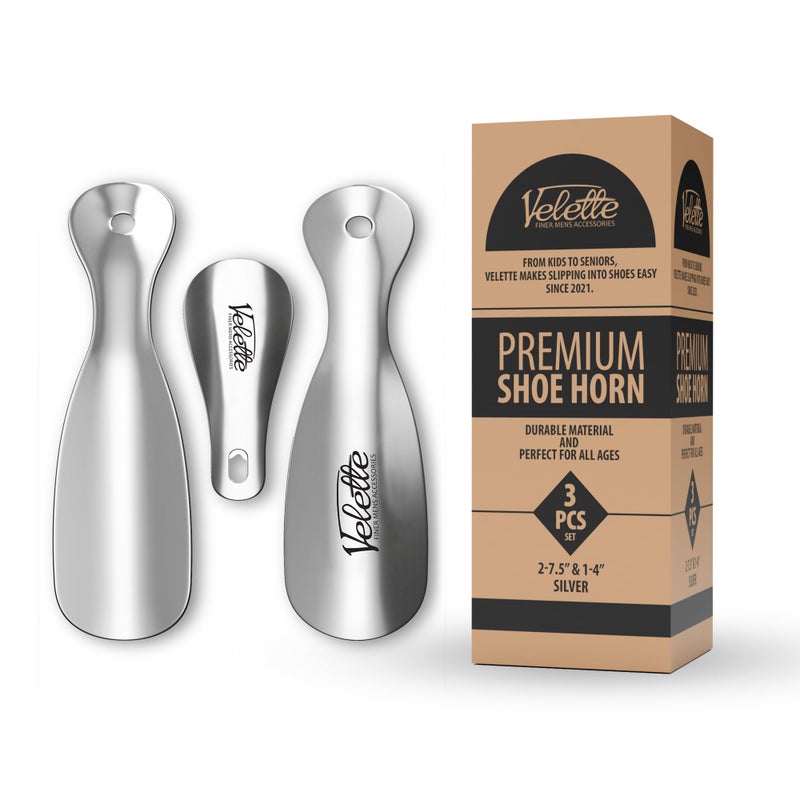 Velette 3-Pack Metal Shoehorn - 2 Set 7.5" Long Shoe Horn,1 Set 4" Travel Shoe Horn for Kids, Men & Women - Shoes Helper, Spoon, Travel Size Shoehorn for Boots, Shoes, Sneakers, Heels and More - Image 1