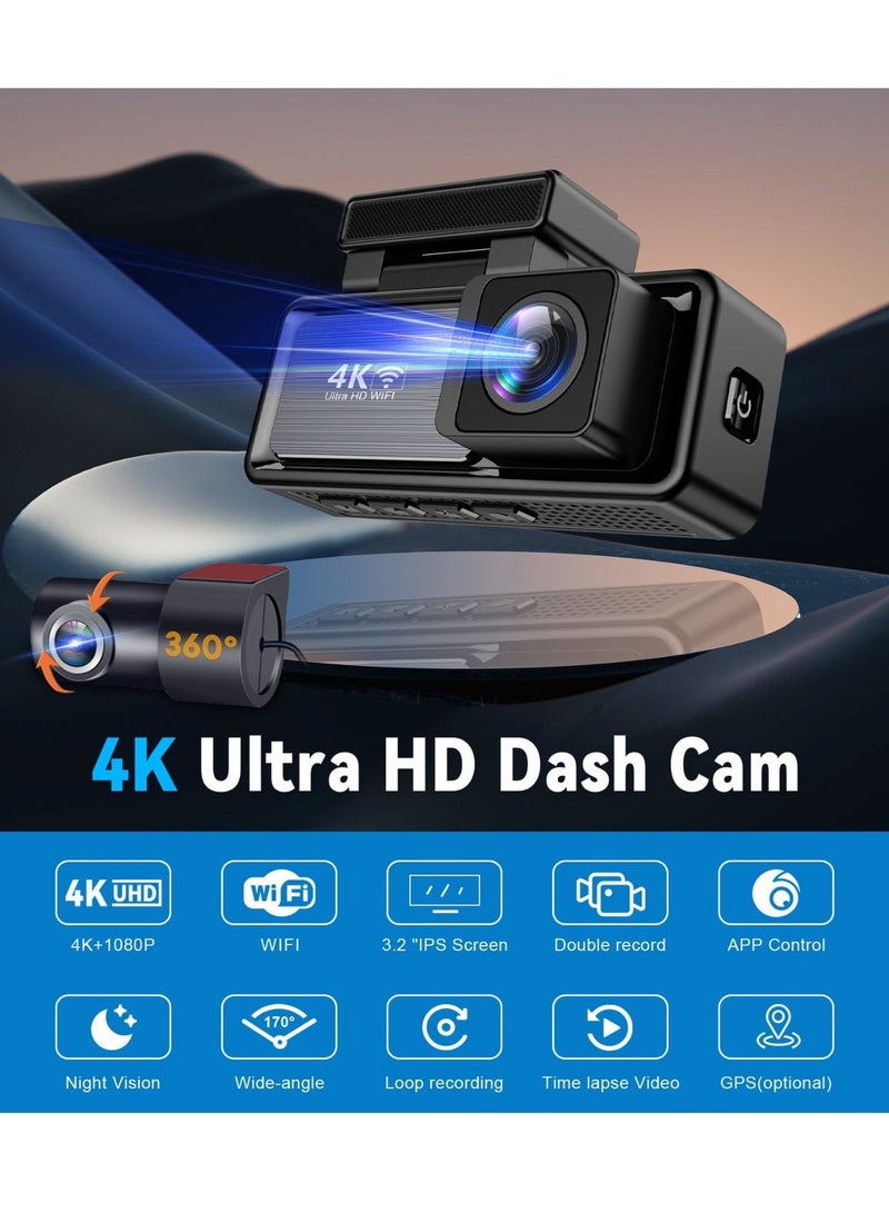 VOMO Dash Cam Car 4k Front and 1080P Rear - Front and Rear Dual Lens Car Dash Camera - 3.2" IPS Screen - With 128GB Card, Built-in GPS WiFi, Night Vision, Loop Recording, WDR Video Recorder - Image 2