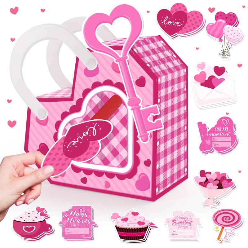Amyhill Valentines Day Mailbox with 30 Pcs Crafts Valentines Day Cards Pink Heart Lock DIY Boxes with Key for School Kids Classroom Boys Girls Gifts Activity Box Greeting Exchange Party Favor Sets - Image 1