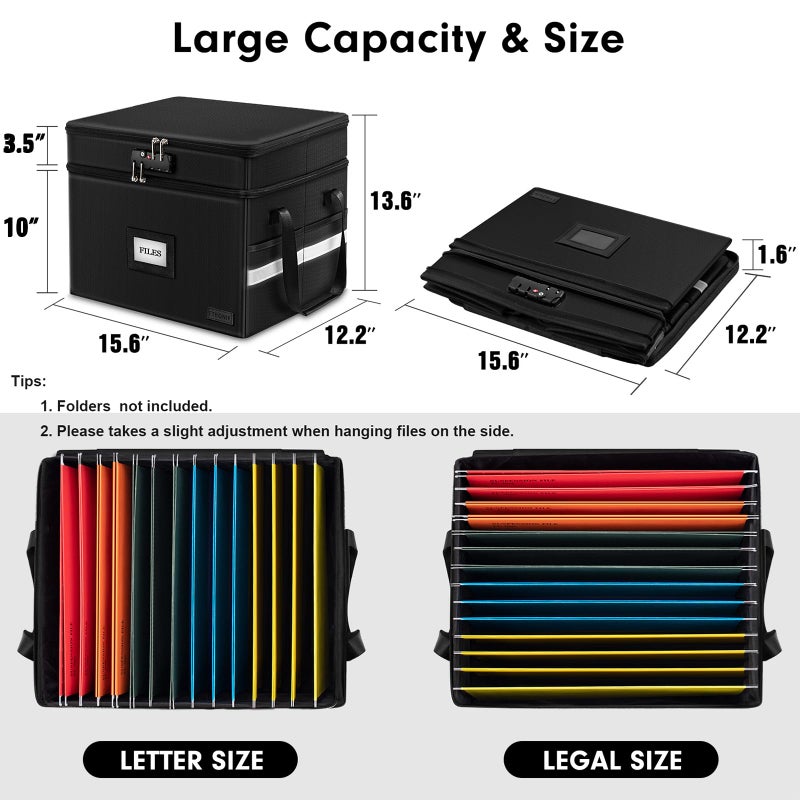ETRONIK Fireproof Document Box with Lock, ETRONIK 2 Layer File Organizer with 5 Tab Inserts, Portable Office Collapsible File Storage with Reflective Strip for Hanging Letter, Legal Size Folder, Certificate - Image 4