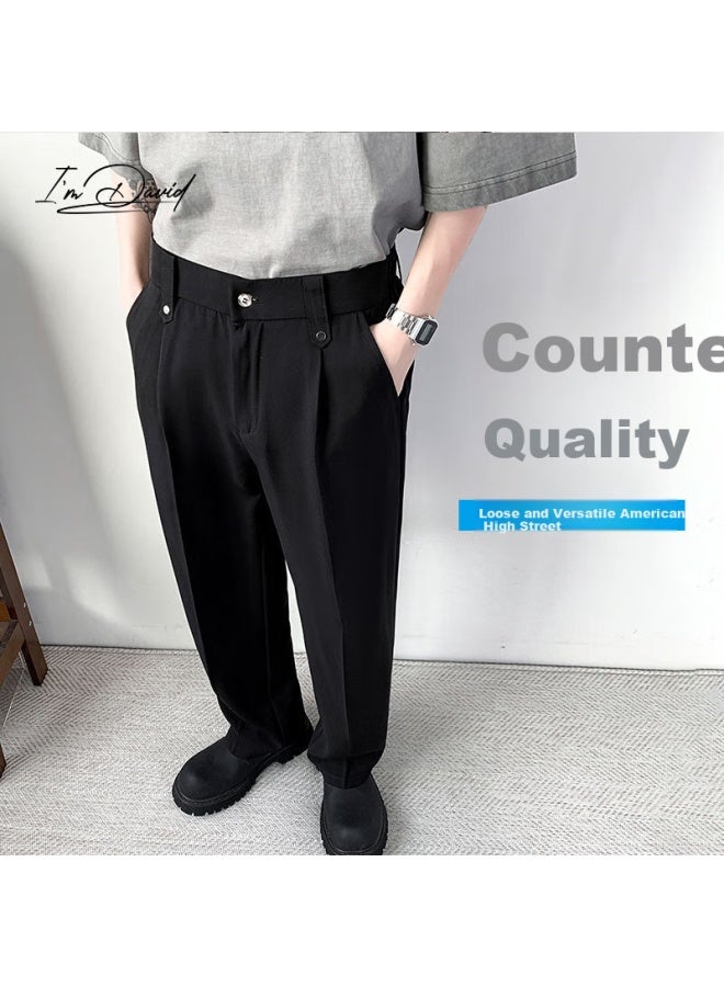 I'm David Men's Dress Pants, Drapey High-end Casual Trousers, Loose Straight-leg, Summer Ice Silk Versatile Black Suit Pants