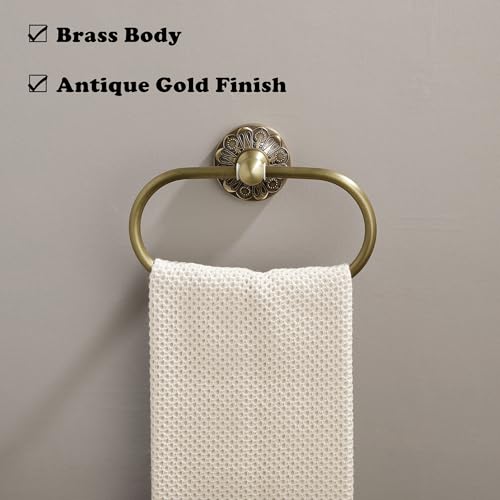 Lucyound Antique Gold Towel Ring Oval Hand Towel Holder Wall Mount Vintage Decorative Bathroom Accessories Brass PetalRelief Series - Image 3
