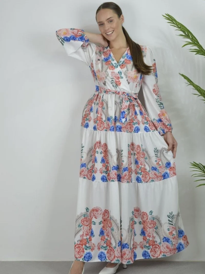 Jennyfer Floral V-Neck Maxi Dress with Tie Detail