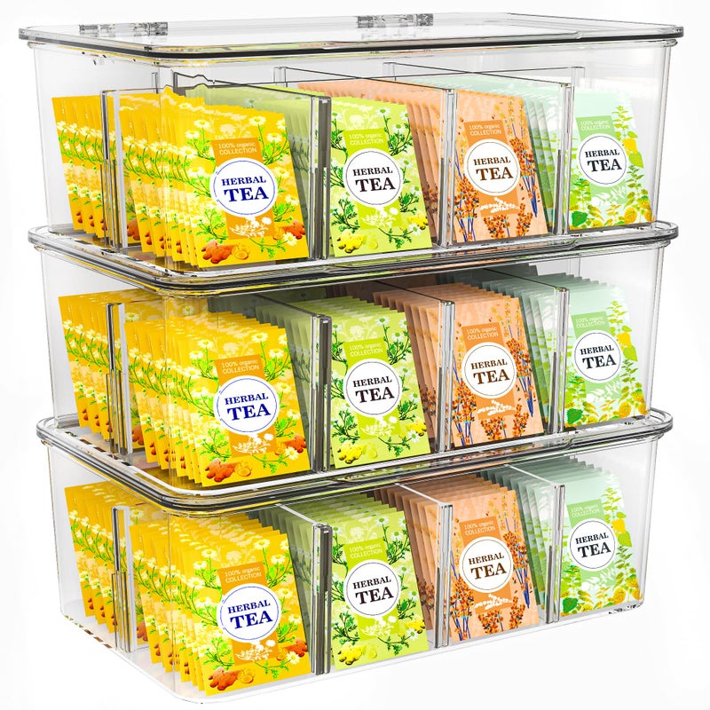 Utopia Home - Tea Bag Organizer With Lids, Clear Pantry Storage Box - (3 Pack) Stackable Partition Organizers or Holder With Lids For Drawers, Countertops, Fridge, Kitchen, Snack & Spice Organization - Image 1