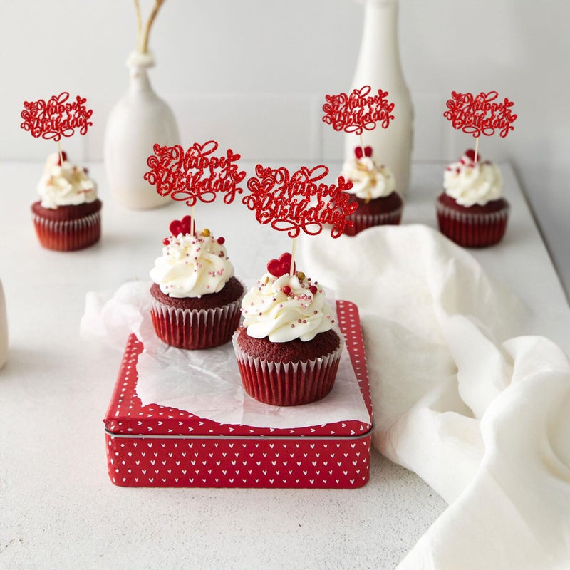 Ephlyn 24Pcs Valentine's Day Happy Birthday Cupcake Toppers Glitter Sweet Love Heart Valentine's Day Cupcake Picks for Valentine's Day Birthday Party Cake Decorations Supplies Red - Image 4