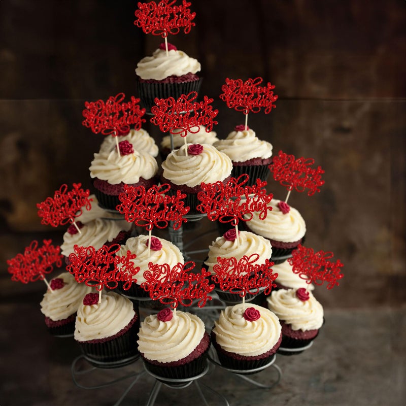 Ephlyn 24Pcs Valentine's Day Happy Birthday Cupcake Toppers Glitter Sweet Love Heart Valentine's Day Cupcake Picks for Valentine's Day Birthday Party Cake Decorations Supplies Red - Image 5