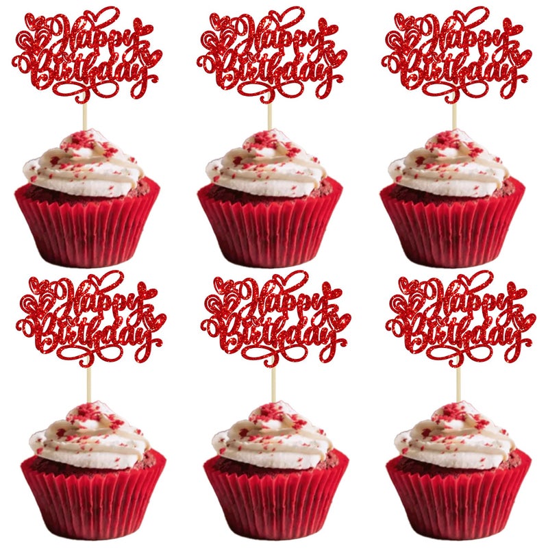Ephlyn 24Pcs Valentine's Day Happy Birthday Cupcake Toppers Glitter Sweet Love Heart Valentine's Day Cupcake Picks for Valentine's Day Birthday Party Cake Decorations Supplies Red - Image 1