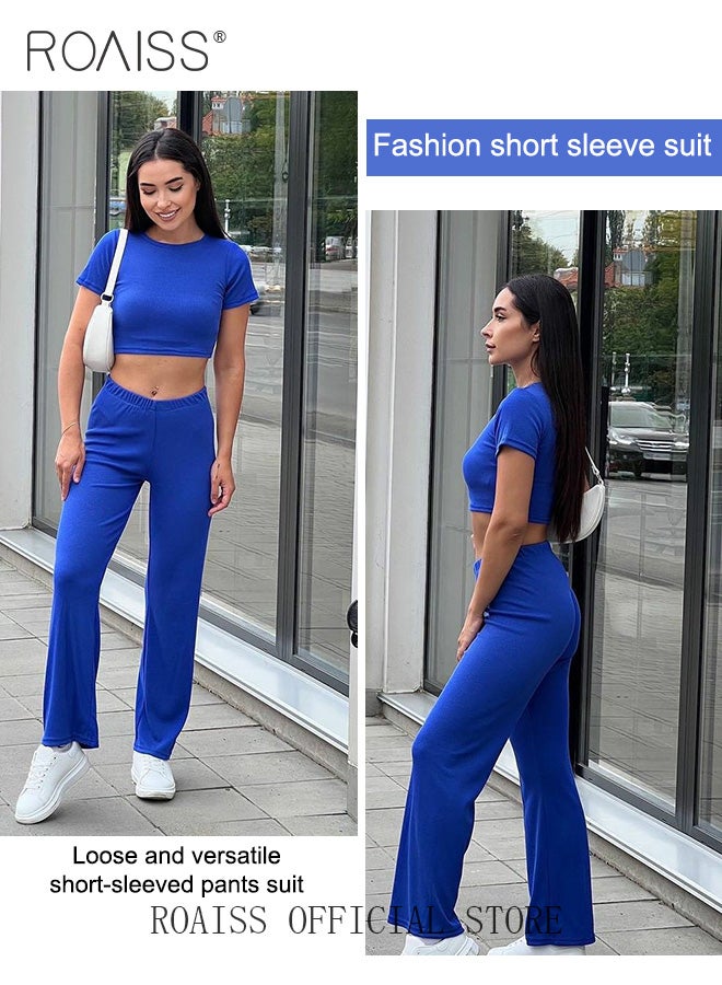 roaiss Women 2 Piece Casual Set Short Sleeve Crop Top & High Waisted Wide Leg Loose Fit Long Pants Classic and Timeless Solid Color Design Loose Fit to Enhance the Figure Women Business Casual Set  - Image 5