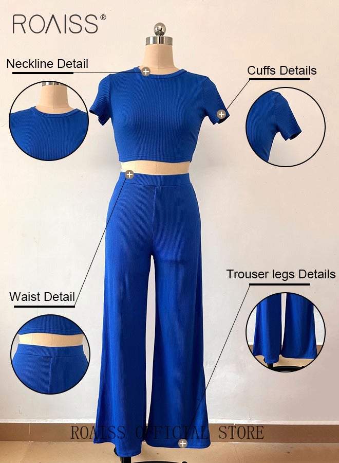 roaiss Women 2 Piece Casual Set Short Sleeve Crop Top & High Waisted Wide Leg Loose Fit Long Pants Classic and Timeless Solid Color Design Loose Fit to Enhance the Figure Women Business Casual Set  - Image 3